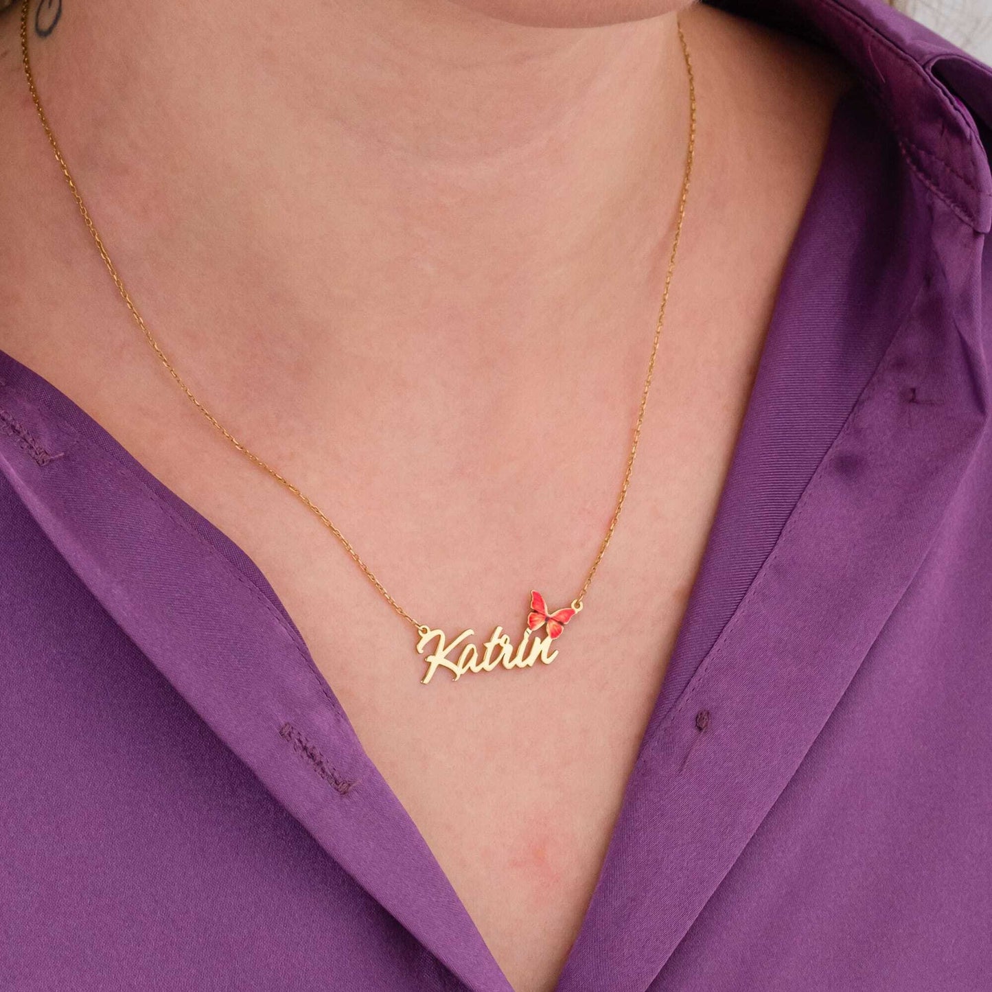 14K Gold Name Necklace with Butterfly, Red Butterfly Pendant, Personalized Name Necklace, Custom Name Jewelry, Summer Jewelry, Gift For Her