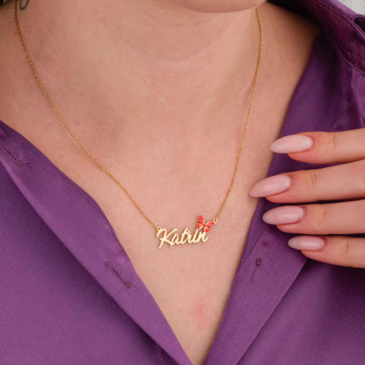 14K Gold Name Necklace with Butterfly, Red Butterfly Pendant, Personalized Name Necklace, Custom Name Jewelry, Summer Jewelry, Gift For Her